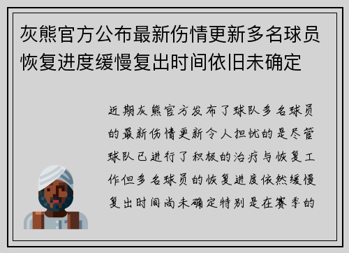 灰熊官方公布最新伤情更新多名球员恢复进度缓慢复出时间依旧未确定